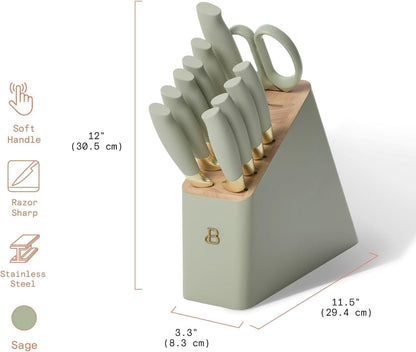 12-Piece Stainless Steel Knife Set with Block, Soft Grip Handles (Sage Green)2