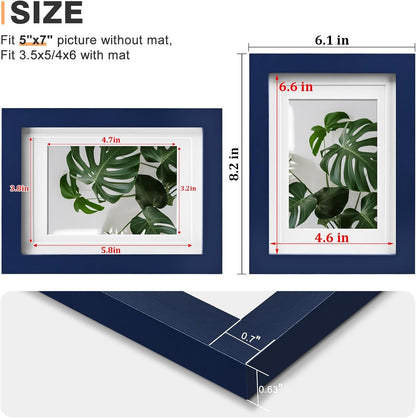5X7 Picture Frame Made of Solid Wood,Covered by Plexiglass Display Pictures 3.5X5/4X6 with Mat or 5X7 without Mat for Table Top Display and Wall Mounting Photo Frame, Navy Blue3