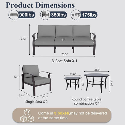 Aluminum Patio Furniture Set with round Coffee Tables, 5-Seat Outdoor Sectional Furniture W/5.1" Cushions, Patio Conversation Set for Porch, Backyard, Poolside-Grey3