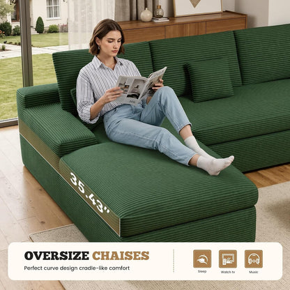 111" Modular Sectional Sofa for Living Room, Convertible L-Shape Couch with Ottoman,Cloud Boneless Couch with Layered Cushion,Green Corduroy4