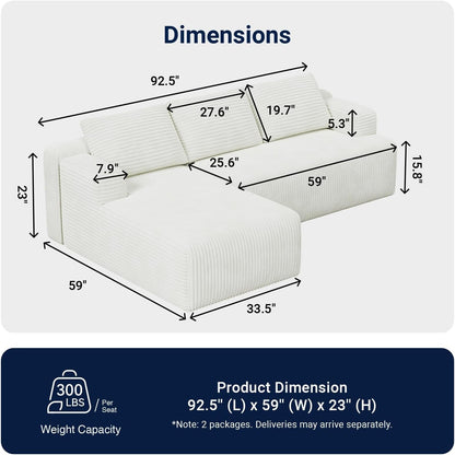 Modular Sectional Sofa, Boneless Couches for Living Room with Individually Wrapped Coil Support, No Assembly Required, Corduroy Fabric (Cream, 93" L-Shape Left Chaise)2