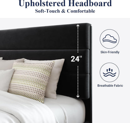 Queen Size Platform Bed Frame with Velvet Upholstered Headboard4