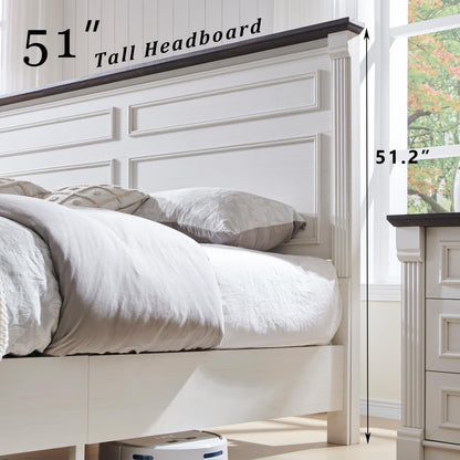 Farmhouse King Size Bed Frame W/51 Tall Headboard, Antique White4
