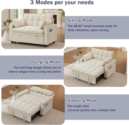 Sleeper Sofa with Pull Out Couch Bed, 48" Convertible Pull-Out Sofa Bed Chair, 3-In-1 Futon Couch with Reclining Backrest and Side Pockets for Living Room Bedroom Apartment, Beige5