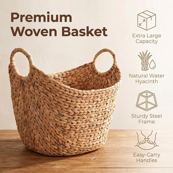Extra Large Water Hyacinth Storage Basket with Handles, Natural Bin2