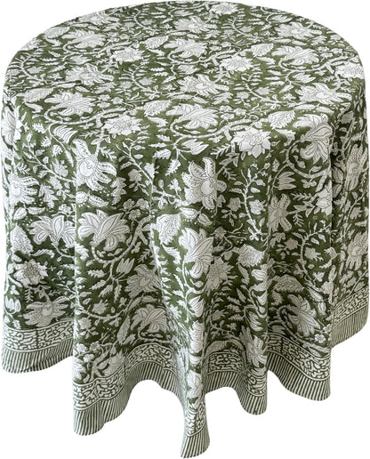 Cotton Blockprint round Tablecloth, Noori Green, 90 Inches3