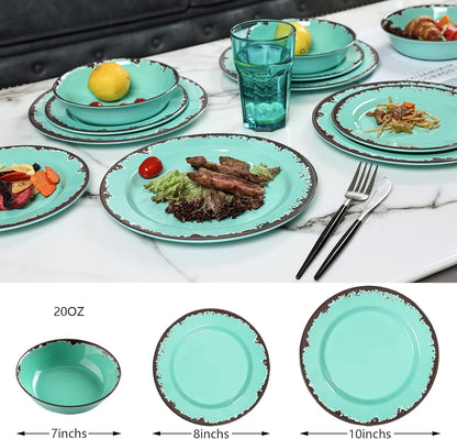 Rustic Melamine Dinnerware Set,12Pcs Plates and Bowls Sets-Green2