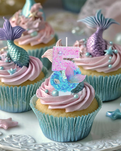 Mermaid Themed Birthday Candles, Number 5 Girls Glitter Birthday Party Supplies,Anniversary Party Decor,2.87 Inch Cake Topper Decorations (Mermaid Themed, Number 5)6