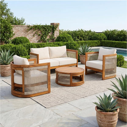 4-Piece Patio Conversation Set,All Weather Sectional Sofa Set W/ 2 Chairs, Loveseat & Table Premium, Acacia Wood Outdoor Furniture Set with Woven Rope Accents and Cushions (Teak+ Beige#82)1