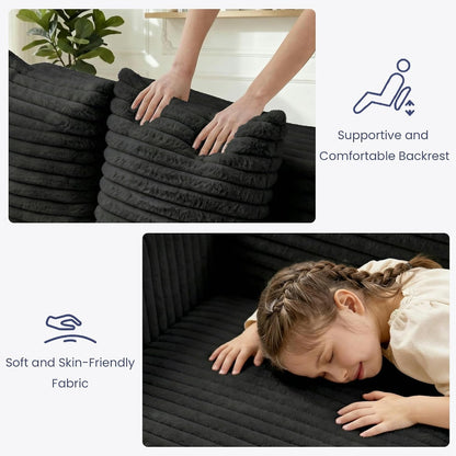3-In-1 Convertible Sofa Bed: Boneless Loveseat Sleeper & Folding Couch Bed with 4 Pillows & Detachable Cushion,Furry Futon Couch for Bedroom,Apartment,Office and Living Room, No Assembly,Black5