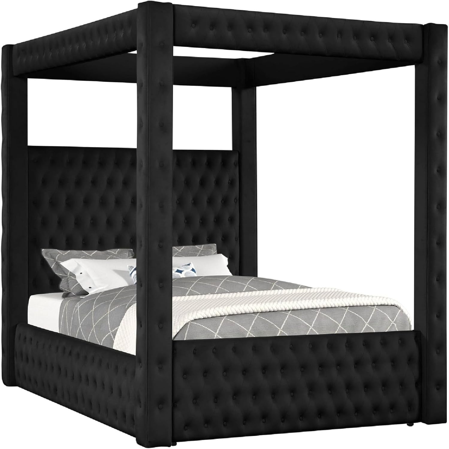 beli-king-size-canopy-bed-tufted-design-black-velvet-upholstery
