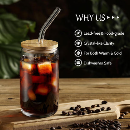 [ 12Pcs Set ] Glass Cups with Bamboo Lids and Glass Straw - Beer Shaped Drinking Glasses, 16 Oz Iced Coffee Glasses, Cute Tumbler Cup for Smoothie, Boba Tea, Whiskey, Water - 4 Cleaning Brushes3
