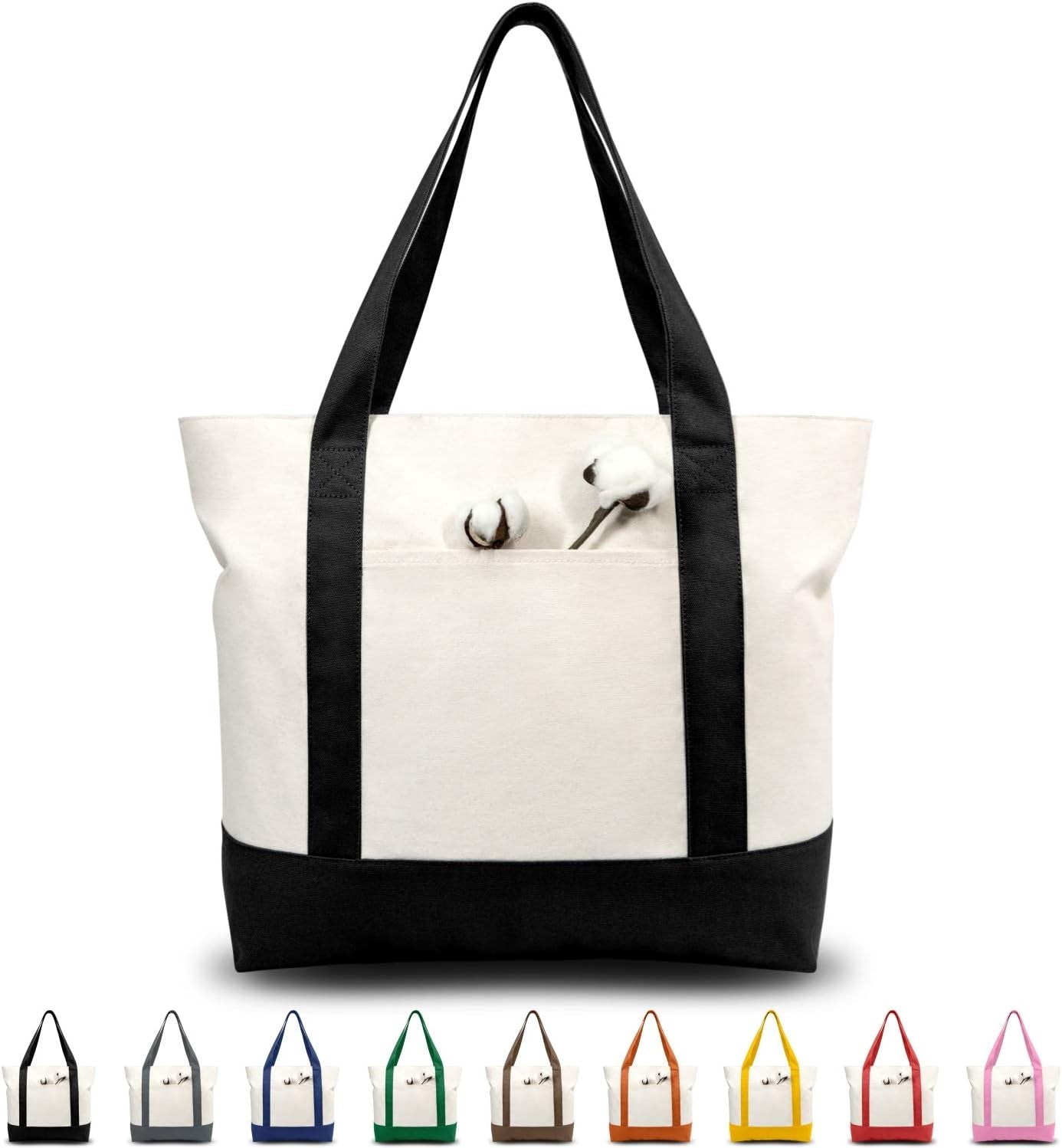 1-3-6-30-pack-canvas-tote-bag-with-an-external-pocket-reusable-grocery-shopping-bag-top-zipper-closure-daily-essentials-black-natural-pack-of-1