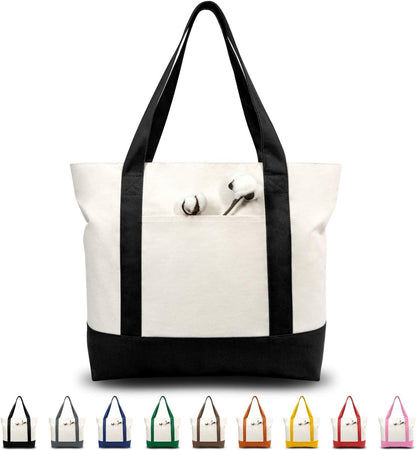 1 | 3 | 6 | 30 Pack Canvas Tote Bag with an External Pocket, Reusable Grocery Shopping Bag, Top Zipper Closure, Daily Essentials (Black/Natural Pack of 1)1