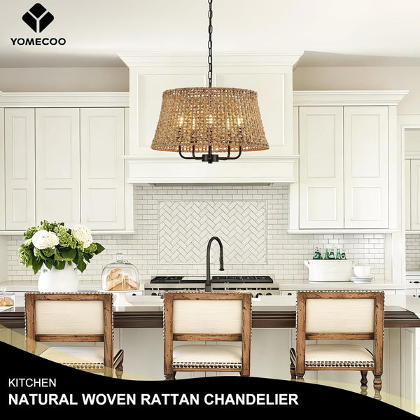 19.7" Boho Rattan Chandelier, 5-Light Black Wicker Light Fixture6