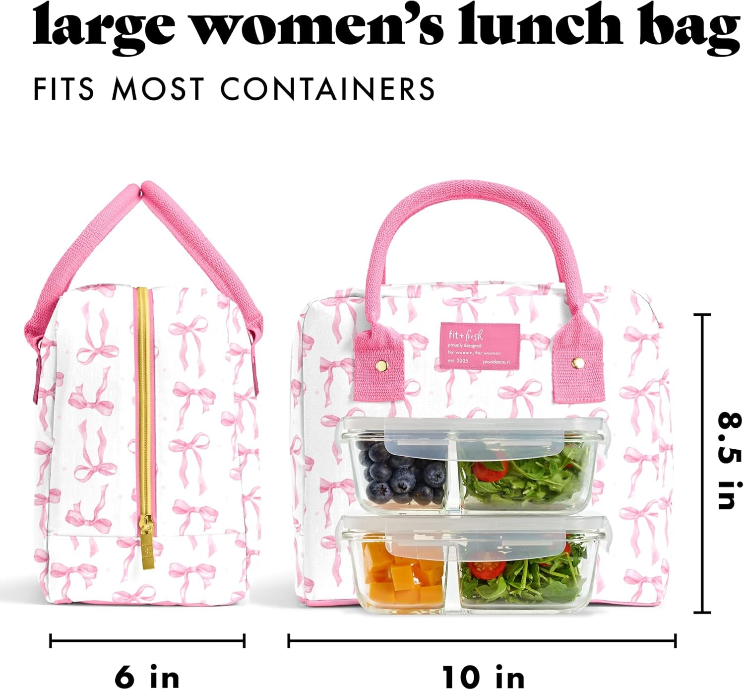 bloomington-lunch-bag-for-women-insulated-large-lunch-box-for-work-with-containers-leak-resistant-stain-resistant-zipper-closure-pink-bows