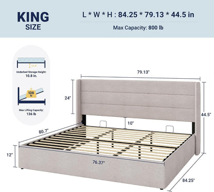 King Size Lift up Hydraulic Storage Bed Frame Light Beige2