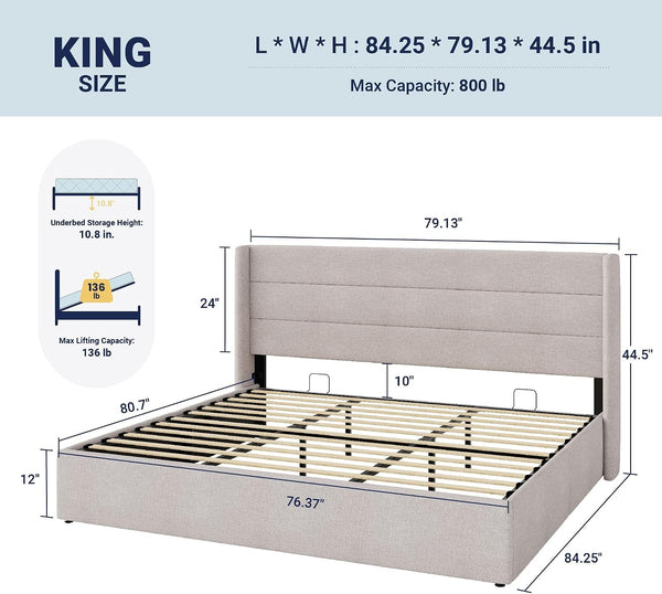 King Size Lift up Hydraulic Storage Bed Frame Light Beige2
