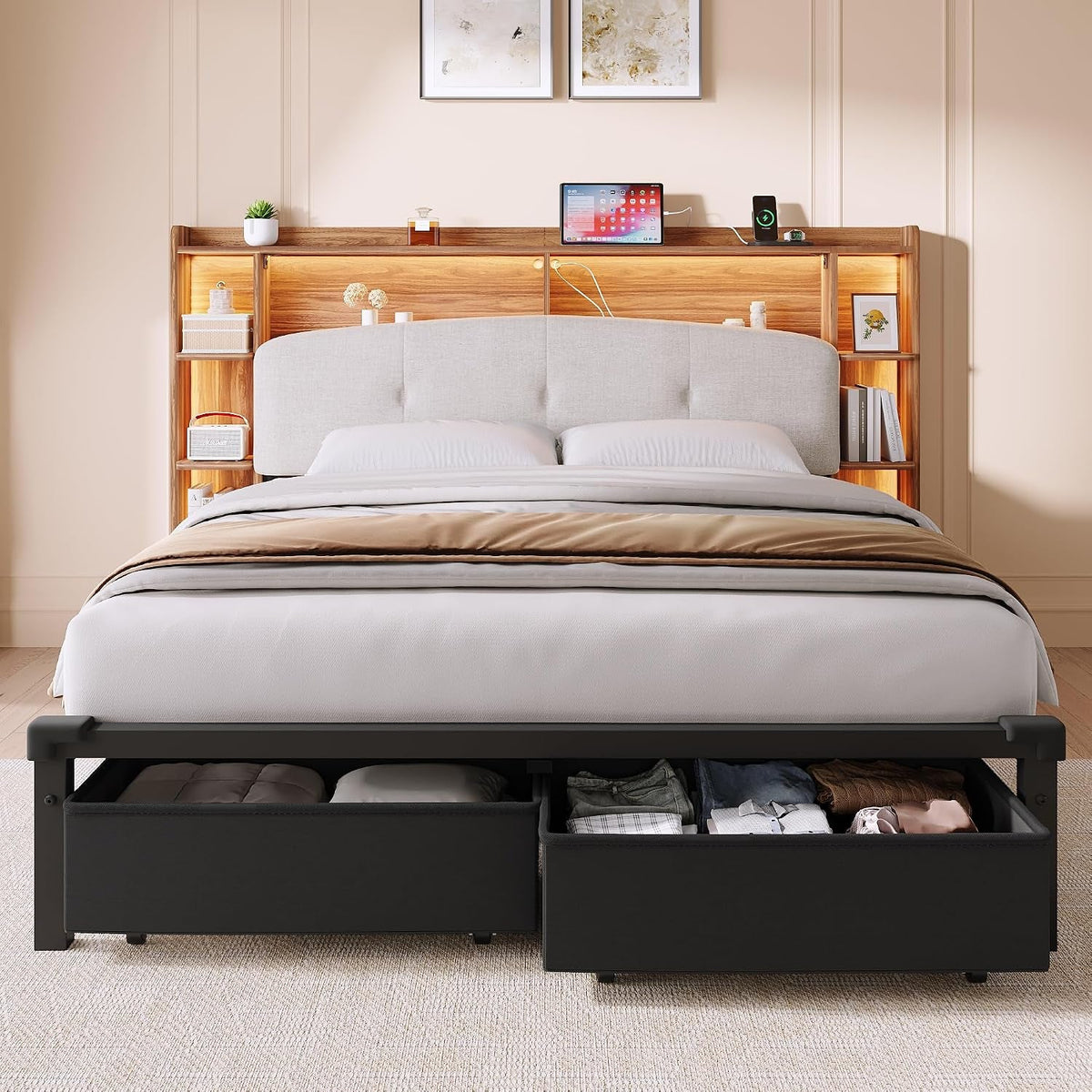 queen-size-bed-frame-with-storage-upholstered-headboard-2-fabric-drawers-charging-station-rgb-led-lights-metal-platform-bed-no-box-spring-needed-rustic-brown
