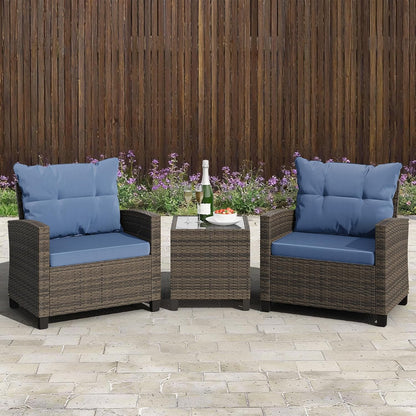 3 Pieces Patio Furniture Set 3 Pieces PE Rattan Wicker Chairs with Table Outdoor Furniture for Backyard/Garden/Poolside/Outdoor Restaurant Gary Rattan with Blue Cushion2