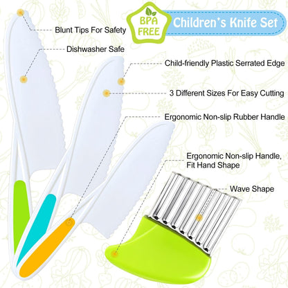 4 Pcs Kids Knife Set, Kids Kitchen Knife with Crinkle Cutter, Serrated Edges Plastic Toddler Chef Knife for Real Cooking & Cutting Fruit Bread2