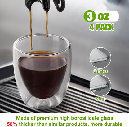 Double Walled Espresso Cups Set of 4 (50% Thicker), 3 Ounce Clear Expresso Coffee Mugs, Espresso Shot Glasses, Double Wall Insulated Espresso Cups Suit for Espresso Machine, Microwave Safe6