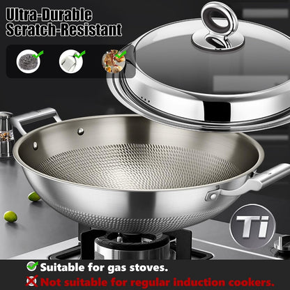 Titanium Wok, Titanium Pans for Cooking, Hammered Pan Pro Cookware | round Bottom Double Handles, PFAS/PFOA/PTFE Free, Non Stick Ultra-Durable Scratch-Resistant Even Heating, with Lid 17.72In3