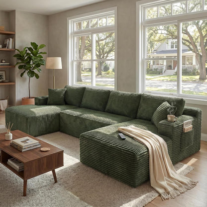 125” Cloud Boneless Couch, U-Shaped Modular Sectional Sofa, Green1