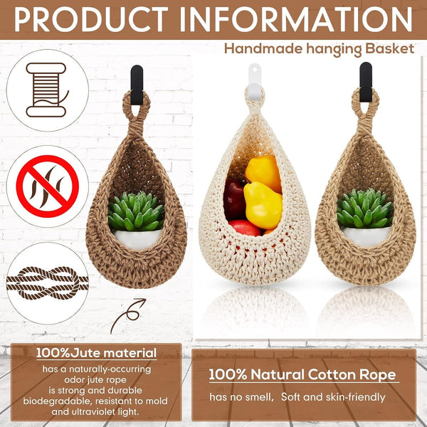 3 Hanging Baskets, Light Linen, Teardrop, Cotton Rope4