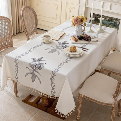 Lily Flowers Cotton Linen Table Cloth for Rectangle Tables Floral Embroidered Tablecloth with Tassels Farmhouse Table Cover for Kitchen Dining,Party,Holiday,Christmas,Buffet (Grey,55"X70")4
