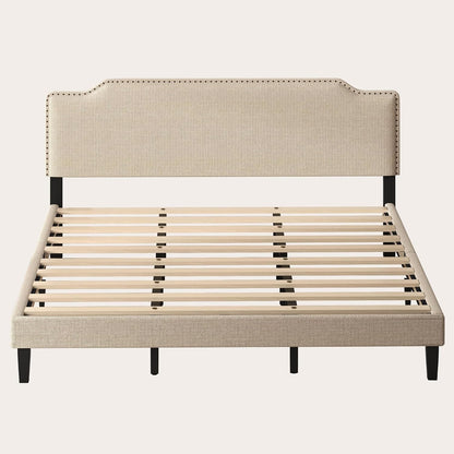 King Size Bed Frame with Upholstered Headboard, Wood Platform Bed with Soft Linen Adjustable Headboard | Elegant Studded Design | Wooden Slats | No Box Spring Needed, King Bed Frame Beige8