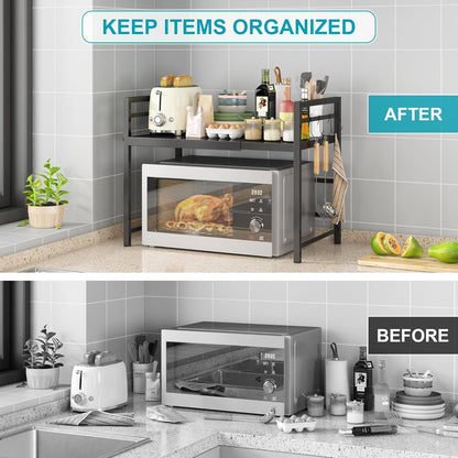 Microwave Oven Rack, Expandable Microwave Stand Countertop Kitchen Utensils Tableware Storage, Carbon Steel over Microwave Shelf Countertop with 3 Hooks5