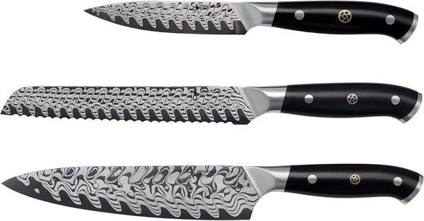 HENCKELS Compass Damascus 3-Pc Starter Damascus Knife Set | Kitchen Knife Set, Chef, Utility & Paring Knife, Informed by 100+ Years of Mastery, Dishwasher Safe, Ergonomic Handles1