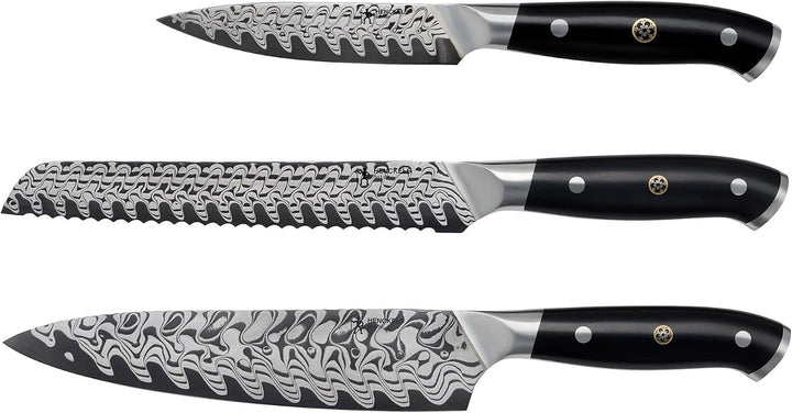 HENCKELS Compass Damascus 3-Pc Starter Damascus Knife Set | Kitchen Knife Set, Chef, Utility & Paring Knife, Informed by 100+ Years of Mastery, Dishwasher Safe, Ergonomic Handles