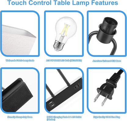 Bedside Touch Control 3 Way Dimmable Table Lamp with Cream Fabric Shade | Dual USB Charging Ports 1 AC Outlet, Modern Nightstand Lamp, Desk Lamp for Bedroom Living Room Office with 5000K LED Bulb5