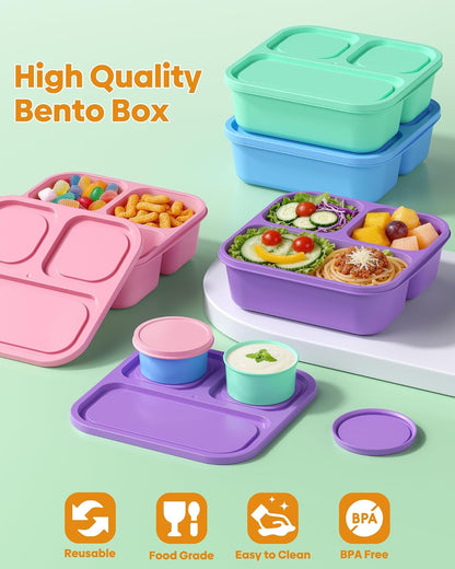 4 Pcs Bento Box Set, Reusable 3 Compartments Snack Boxes with 2 Leakproof Small Containers, Stackable Meal Prep Lunch Containers for School, Work, and Travel3