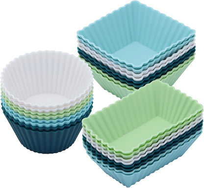 24Pack Silicone Muffin Cups, Reusable Cupcake Liners Molds for Baking, 3 Shapes Lunch Box Bento Dividers-Round, Square, and Rectangular (Neutral Colors, Regular Size)1