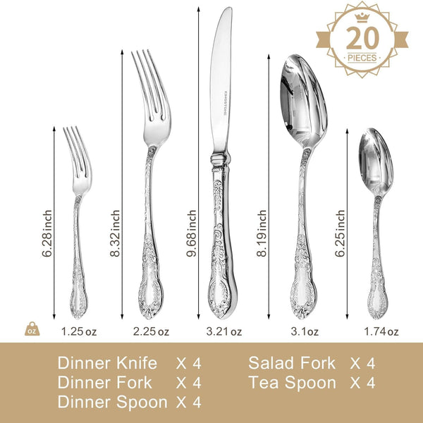Silverware Set for 4, 20 Piece Flatware Set, 18/10 Stainless Steel | Vintage Carved Handles, Mirror Polished, Dishwasher Safe, Rust Resistant, for Home, Weddings & Housewarming2
