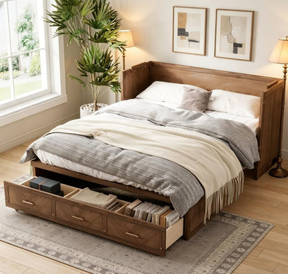 Queen Size Murphy Bed with Charging Station and Storage, Farmhouse Murphy Bed with Foldable Panel for Guest Bedroom, Living Room, Office, Light Walnut3