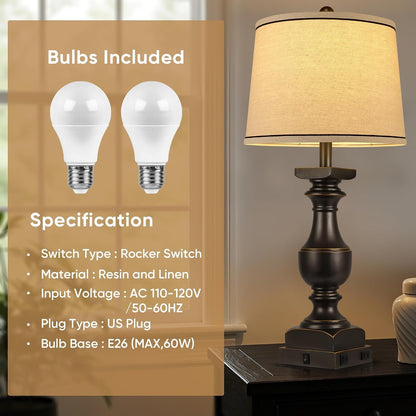 28'' Black Gold Resin Table Lamp Set of 2,Nightstand Lamp with USB Port | Rocker Switch, 2 Bulbs Included, 6W, 2700K Warm Light, Farmhouse Bedside Lamp for Nightstand, Desk, Livingroom, Bedroom Decor3