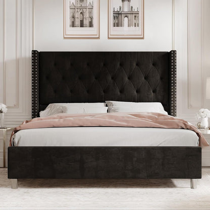 Queen Velvet Bed Frame with 49.2" Tall Wingback Headboard, Black9