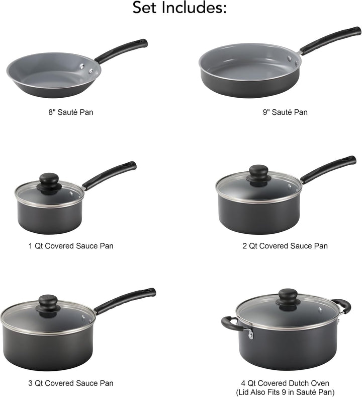 10 Piece Ceramic Nonstick Cookware Set, Patterned Interior with Tempered Glass Lids+2