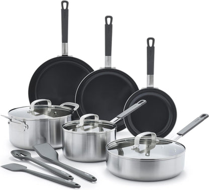 X Bobby Flay Stainless Steel 12 Piece Cookware Pots & Pans Set, Professional Grade Tri-Ply, Multiclad, Pfas-Free Ceramic Nonstick, Induction Suitable, Dishwasher & Oven Safe,Stay Cool Handles5
