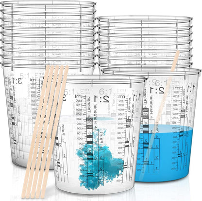 24 Pcs 64 Oz 1800 Ml Paint Measuring Cups Mixing Cups with Graduated and 20 Pcs Paint Mixing Sticks Plastic Disposable Resin Automotive Epoxy Mixing Cup for Paint Kitchen Cooking Baking1