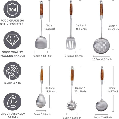 304 Stainless Steel Kitchen Utensils Set with Wood Handle, 6 PCS Metal Cooking Utensils Set, Metal Spoon,Kitchen Essentials, Non-Stick and Heat Resistant, Easy to Clean2