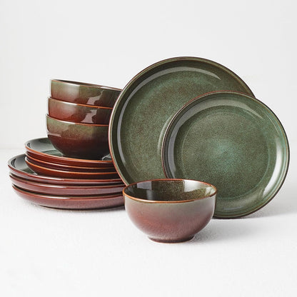 Stoneware Dinnerware Sets for 4, 12Pcs Plates and Bowls Sets Dishes | Reactive Glaze Ceramic Dish Set, Microwave & Dishwasher Safe, Highly Chip and Crack Resistant Dishware Sets, Brown Green1