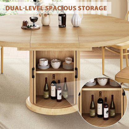 47″–63″ Extendable round Kitchen Dining Room Table for 4-6 with 2-Tier Storage Shelf Dust-Proof, Space Saving Expandable Wood Oval Circle Dinner Furniture with Pedestal Base (Natural Oka)6