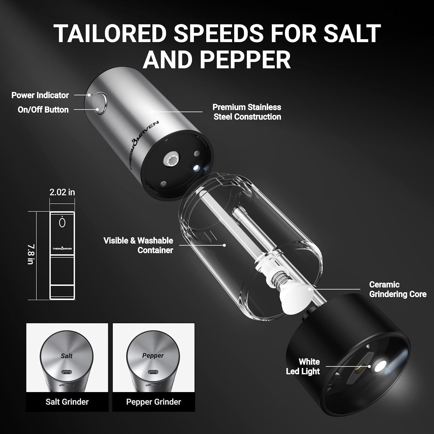 electric-salt-and-pepper-grinder-set-110ml-larger-rechargeable-automatic-salt-and-pepper-mill-grinder-with-6-adjustable-coarseness-electric-salt-and-pepper-shakers-led-2-packs-black