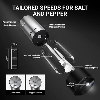 Electric Salt and Pepper Grinder Set, 110Ml Larger Rechargeable Automatic Salt and Pepper Mill Grinder with 6 Adjustable Coarseness, Electric Salt and Pepper Shakers, LED, 2 Packs, Black7