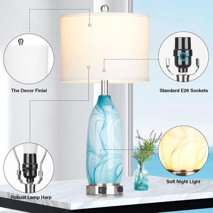 26" Coastal Table Lamps Set of 2, Modern Table Lamps with USB A+C Ports & AC Outlet, Touch Control Glass Bedside Nightstand Lamp with Night Light for Living Room Bedroom End Table Blue(Bulbs Included)3